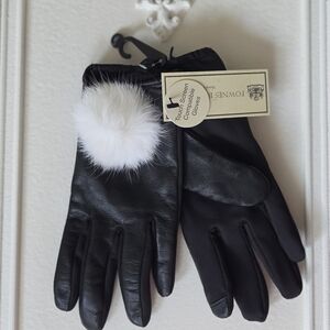 Black and White Leather Gloves with Pom Pom Detail